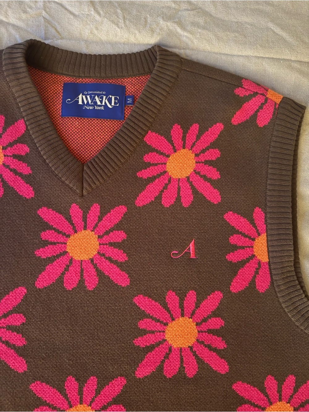 Awake NY Brown V-Neck Sweater Vest with Pink & Orange Daisy Pattern